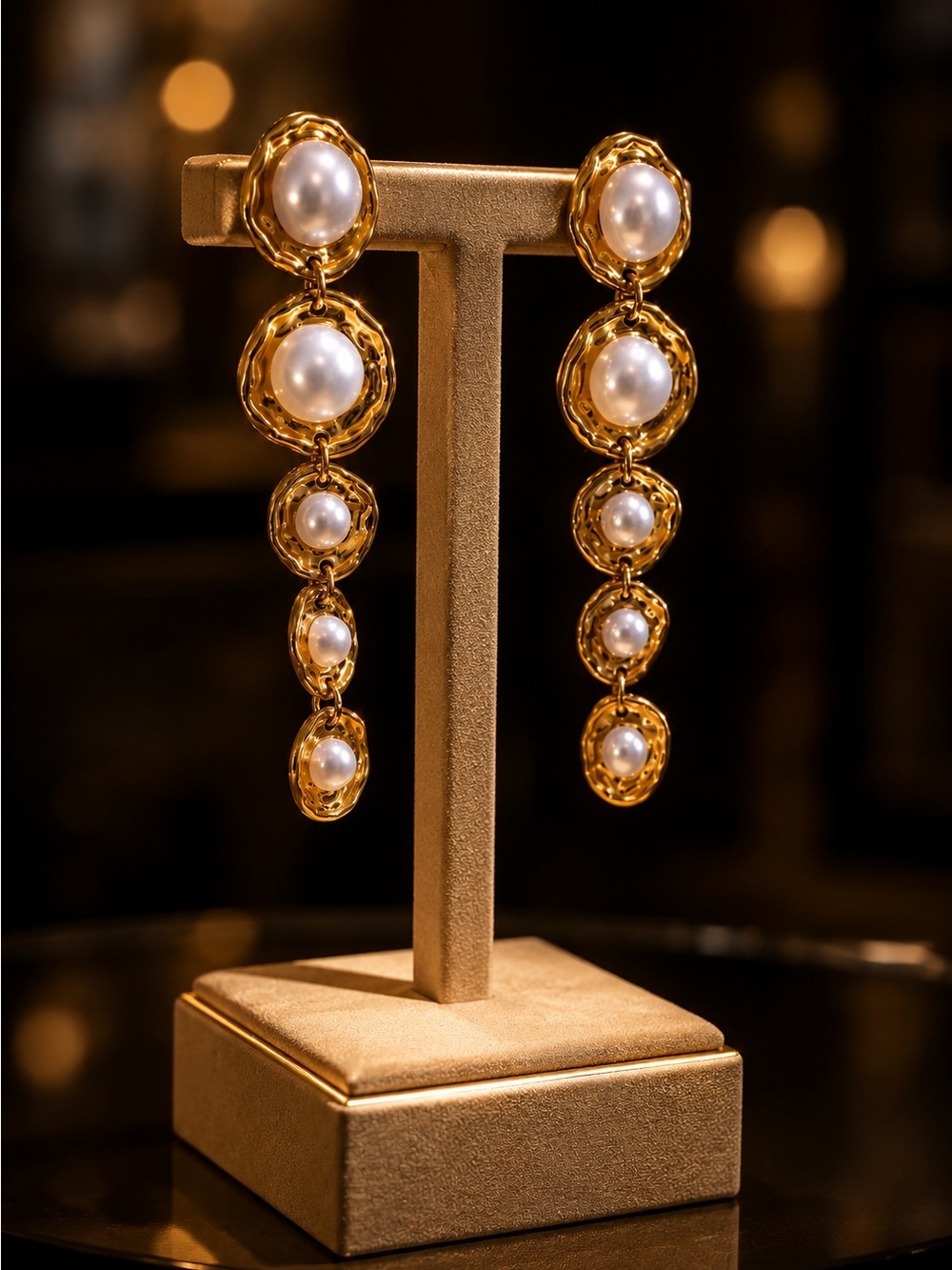 Elegant party Gold color and White Pearl Cascade Earrings - Picture 4 of 5